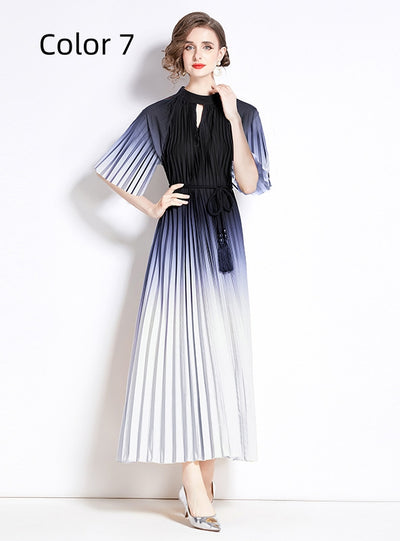 Fashion Gradient Print Pleated Long Dress