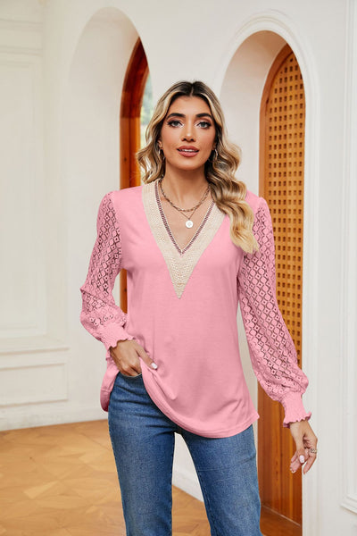 V-neck Lace Stitching Long Sleeve T-shirt