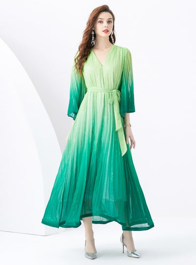 V-neck Flared Sleeve Long Gradient Print Dress