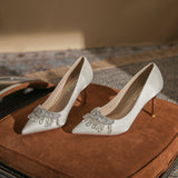 Bow Diamond Satin Pointed Wedding Shoes