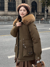 Thickened Silm Waist Hooded Cotton Coat