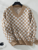 V-neck Pullover Plaid Loose Long Sleeve Sweater