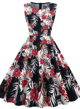 Women Round Neck Sleeveless Retro Print Dress