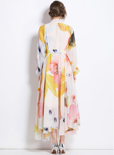 Retro Chiffon Printed Long-sleeved Big Swing Dress