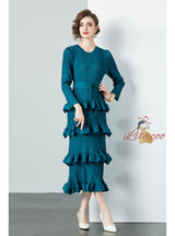 Ruffled Pleated Long Sleeve Slim Dress