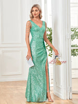 V-neck Sequined Fishtail Slit Evening Dress