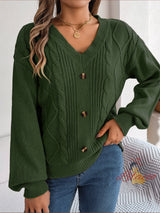 Solid Color V-neck Button Twist Lantern Sleeve Sweater