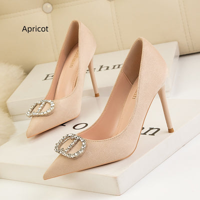 High Heel Pointed Rhinestone Metal Buckle Shoes