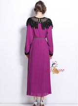 Heavy Industry Beaded Lantern Sleeve Pleated Dress