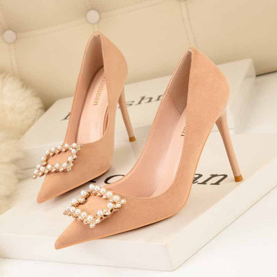 Pointed Pearl Rhinestone Square Buckle Shoes