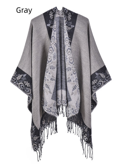 Split Shawl Warm Fringed Cloak Scarf