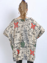 Letter Butterfly Print Loose Bat Sweater