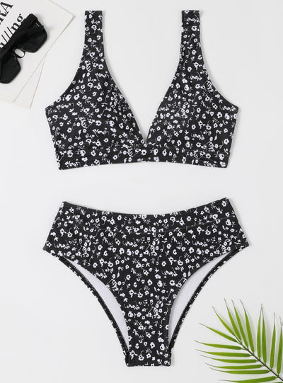 Split High Waist Leaf Printed Bikini