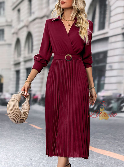 Long Sleeve V-neck Pleats Long Dress