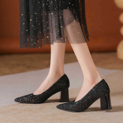 Rhinestone Sequined Thick-heeled Pointed High Heels