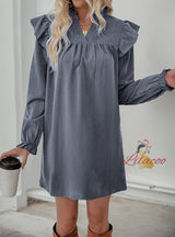 Solid Color Ruffled Long-sleeved Loose Dress