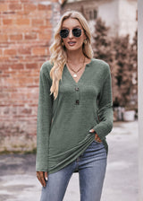 Casual V-neck Button Long Dleeve T-shirt