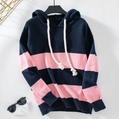 Loose Casual Hooded Contrast Pullover Sweater