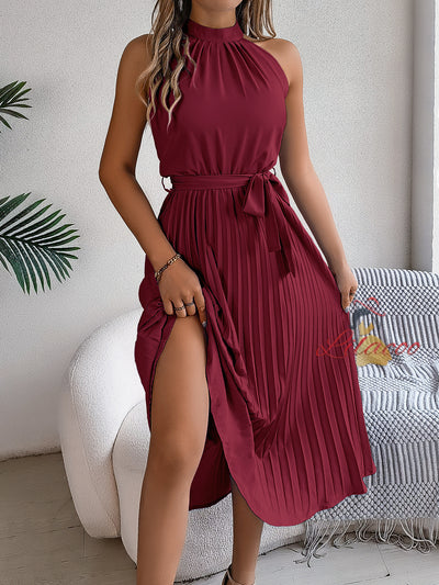 Sleeveless Silm Waist Pleated Long Dress