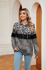 Leopard Print Contrast Stitching Pocket Long Sleeve Top