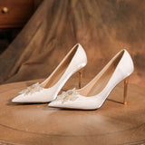 Satin Rhinestone White High Heels Shoes