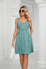 Solid Color Button Pocket Round Neck Dress