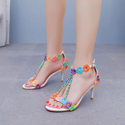 7 cm Thin Heel Beaded Lace Flower Wedding Shoes