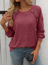 Round Neck Long Sleeve Button T-shirt