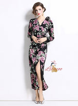 Three-dimensional Flower Split Slim Print Dress