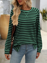 Striped Contrast Round Neck Long Sleeve T-shirt