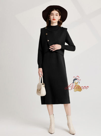 Semi-high Neck Knitted Vest+Long Sleeve Dress Two-piece Suit