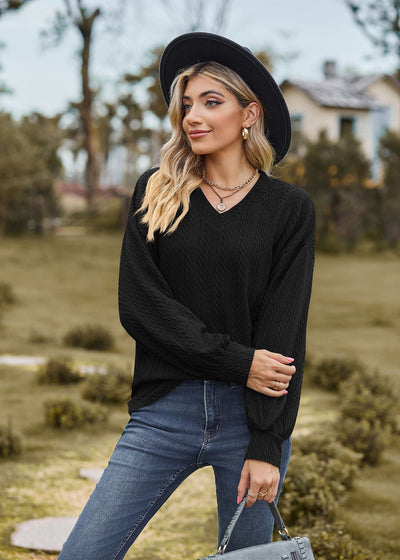 V-neck Loose Casual Long Sleeve T-shirt