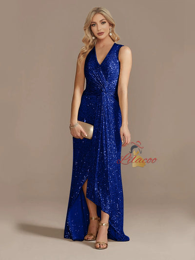 Champagne Sequins V-neck Split Prom Dress