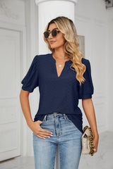 Casual V-neck Hollow Bubble Sleeve Loose T-shirt