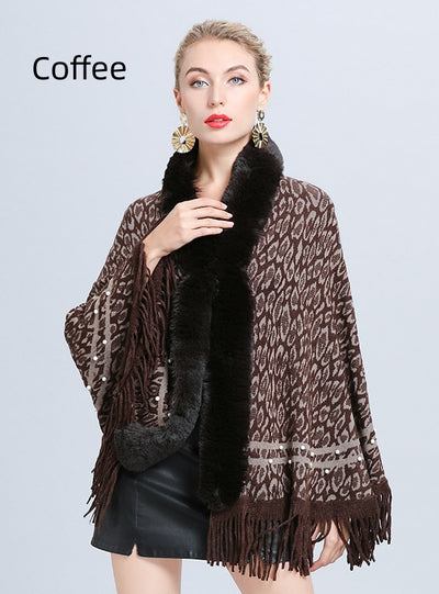 Imitation Fox Fur Collar Leopard Beaded Tassel Knitted Shawl