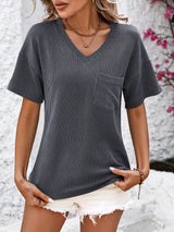 V-neck Twisted Strip Color Matching Short Sleeve T-shirt