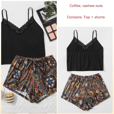 Two-piece Printed Pajamas Suspenders Shorts Suit