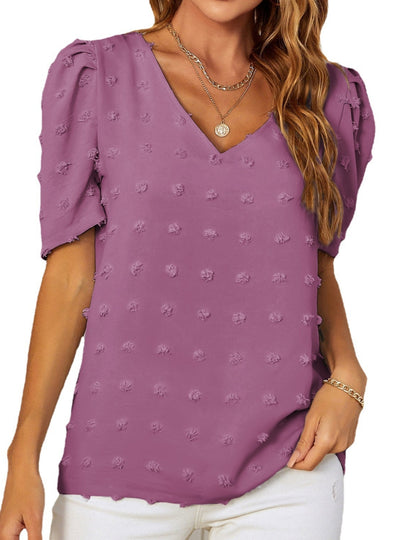 V-neck Chiffon Bubble Sleeve Short Sleeve Shirt