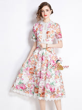 Retro Elegant Lace Stitching Printed Dress