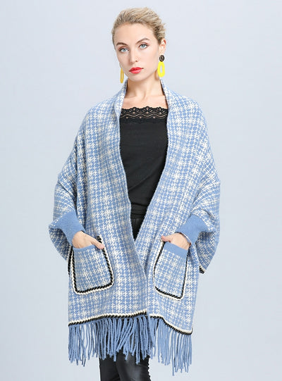 Plaid Loose Mink Bat Sleeve Fringed Shawl