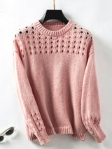 Hollow Pullover Solid Color Round Neck Sweater