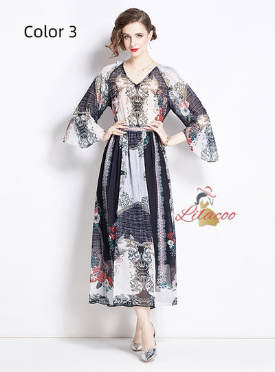 V-neck Printed Chiffon Printed Dress