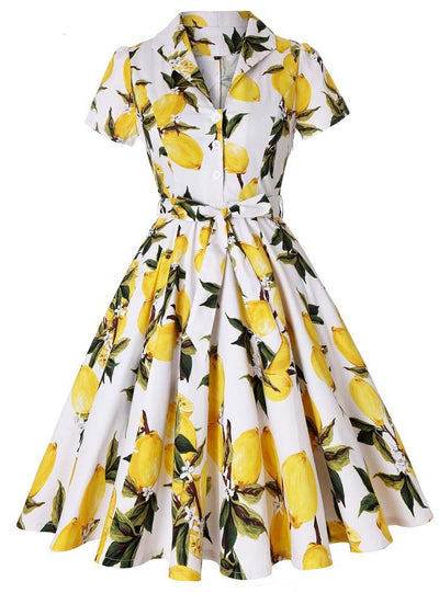 Retro Lapel Short Sleeve Lemon Printed Dress