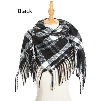 Fringed Square Scarf Black and White Plaid Shawl