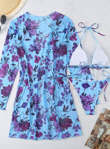 Flower Print Blouses Beach Swimsuit Three-piece Suit