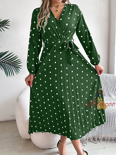 V-neck Pleated Polka Dots Long Dress