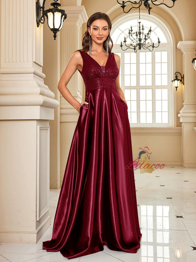 Deep V-neck Satin Sequins Prom Dress