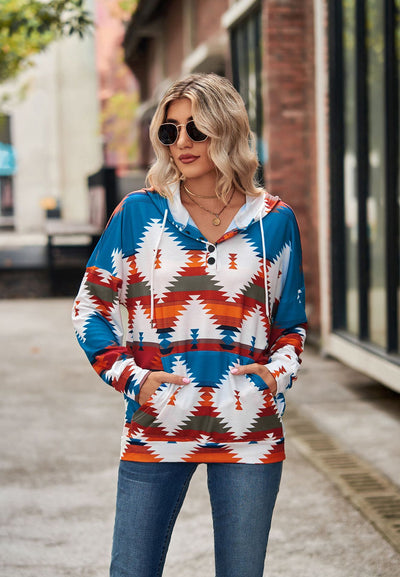 Geometric Pattern Long Sleeve Hooded Button Top