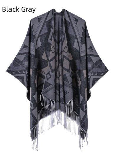 Fringed Split Double-sided Cashmere Shawl Cloak