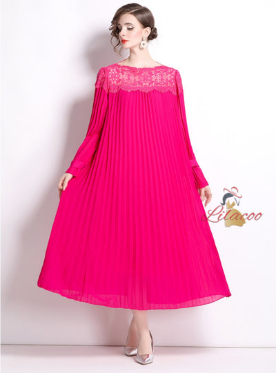 Lace Stitching Loose Slim Flower Casual Pleated Dress